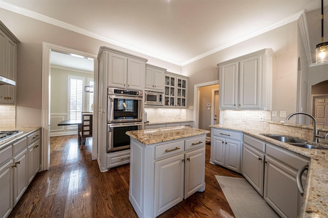 kitchen with appliances with stainless steel finishes, dark wood-type flooring, a sink, and backsplash