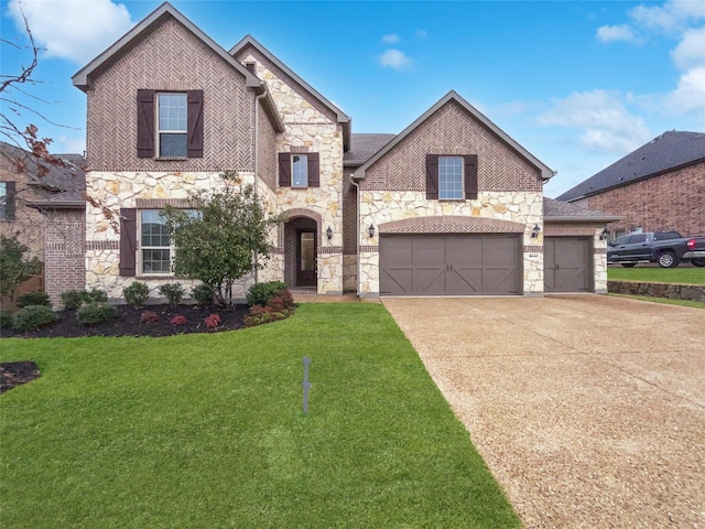 view of front of home with brick siding, concrete driveway, a garage, stone siding, and a front lawn