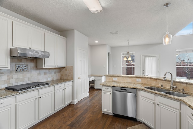 kitchen with stainless steel appliances, under cabinet range hood, a sink, and white cabinets