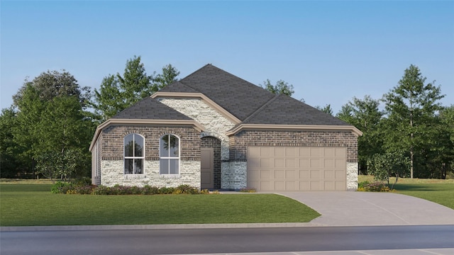 french provincial home featuring driveway, roof with shingles, an attached garage, a front yard, and brick siding