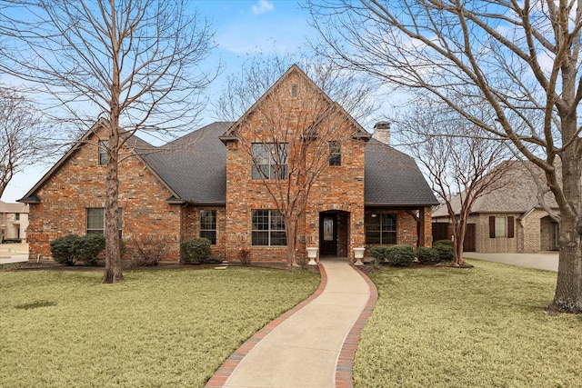 traditional home with a shingled roof, a chimney, a front lawn, and brick siding