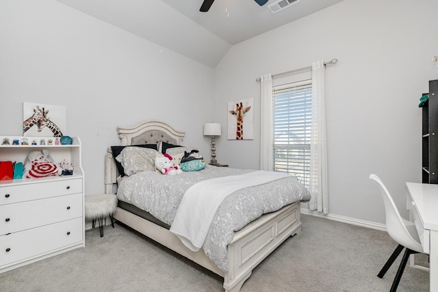 bedroom with light carpet, visible vents, baseboards, ceiling fan, and vaulted ceiling