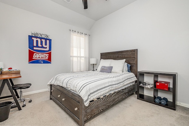 bedroom featuring lofted ceiling, ceiling fan, baseboards, and light colored carpet