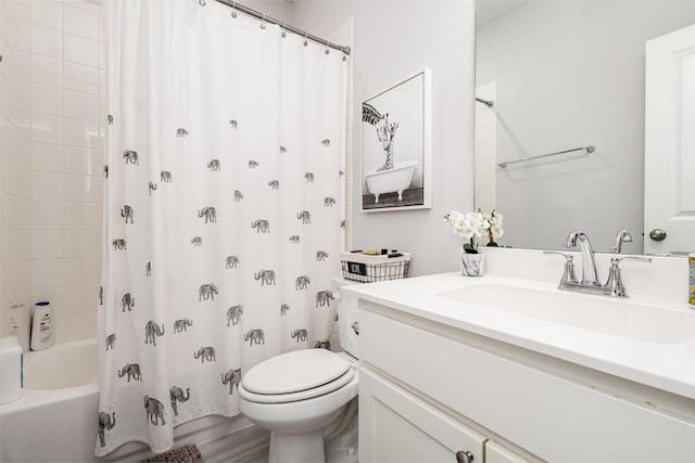 bathroom with toilet, shower / bath combination with curtain, and vanity