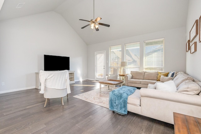 living area featuring high vaulted ceiling, dark wood-type flooring, a ceiling fan, and baseboards