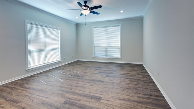 unfurnished room featuring baseboards, a ceiling fan, dark wood-style floors, crown molding, and recessed lighting