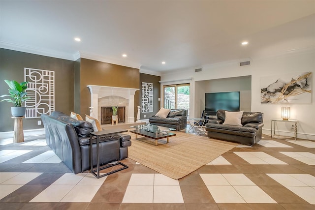 living area with crown molding, visible vents, a premium fireplace, light tile patterned flooring, and baseboards