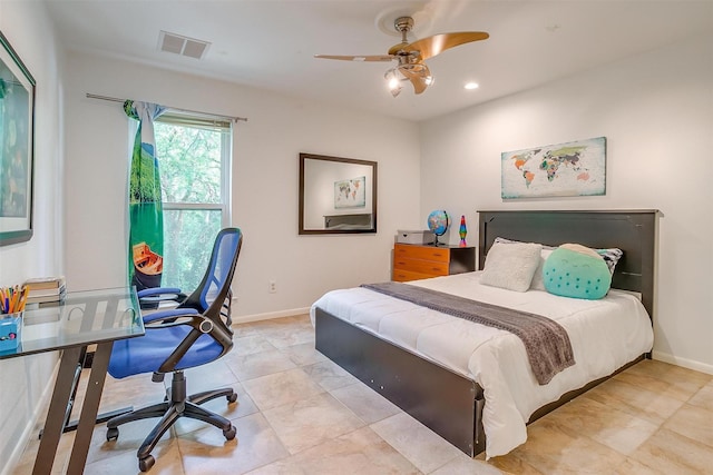 bedroom featuring baseboards, visible vents, ceiling fan, and recessed lighting