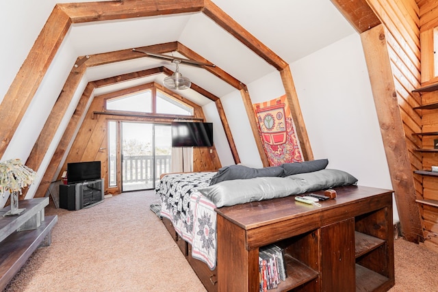 bedroom with vaulted ceiling, access to outside, and light colored carpet