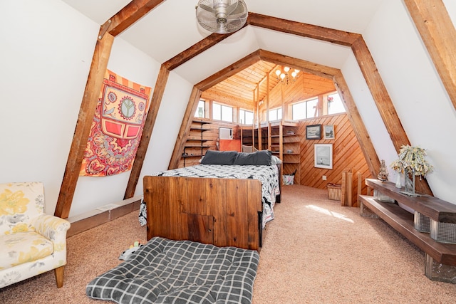 carpeted bedroom featuring wood walls, high vaulted ceiling, and beam ceiling