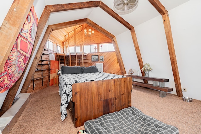 bedroom with lofted ceiling with beams, wood walls, a notable chandelier, and light colored carpet