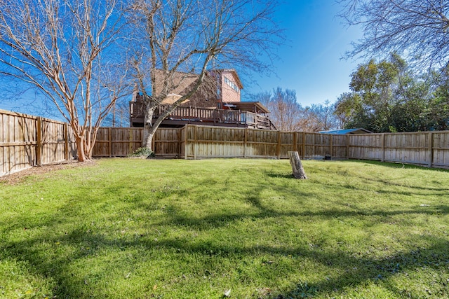 view of yard with a deck and a fenced backyard