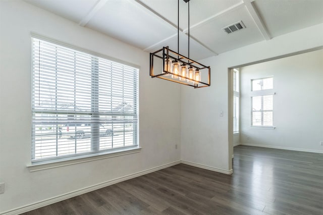 unfurnished dining area with dark wood-style floors, visible vents, and baseboards