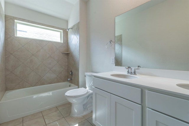 full bath with toilet, shower / bath combination, a sink, tile patterned floors, and double vanity