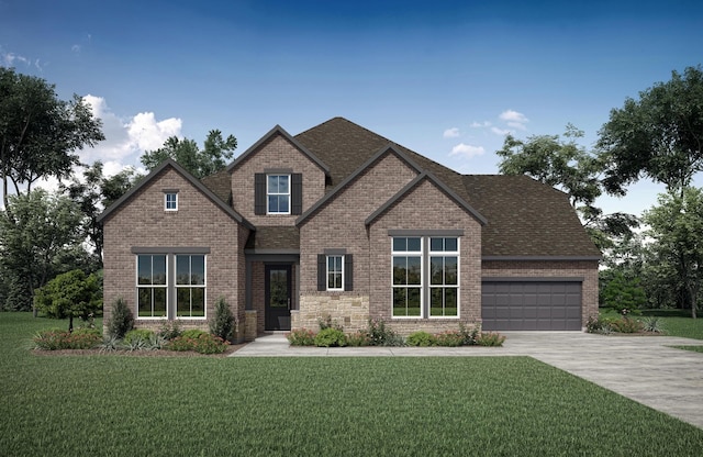 craftsman inspired home with a garage, concrete driveway, brick siding, and a front lawn