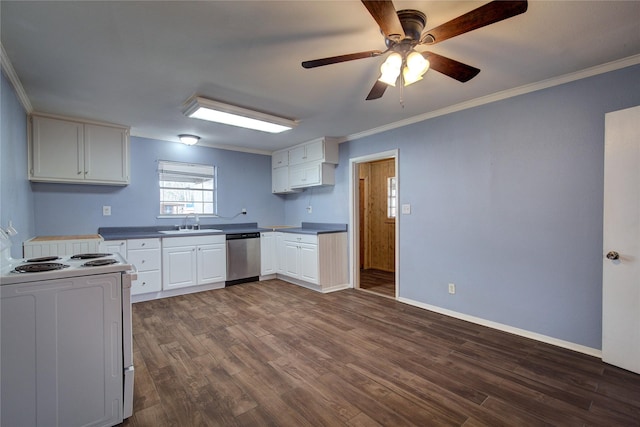 kitchen with white range with electric cooktop, ornamental molding, white cabinetry, a sink, and dishwasher