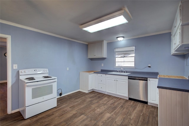 kitchen featuring dark countertops, white electric range, white cabinets, and stainless steel dishwasher