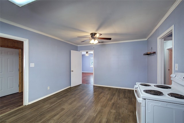 kitchen with baseboards, white cabinets, ornamental molding, white range with electric stovetop, and dark wood finished floors