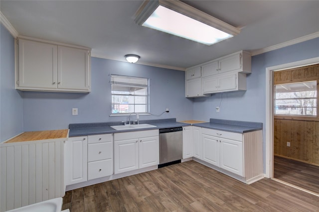 kitchen with ornamental molding, white cabinets, a sink, and stainless steel dishwasher