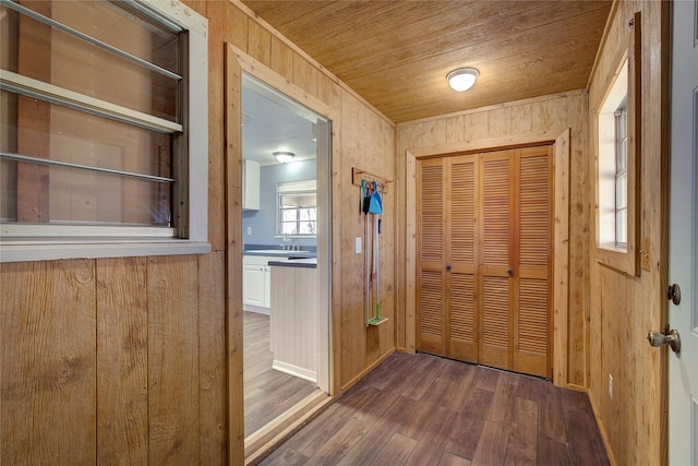 corridor featuring a sink, wood walls, wooden ceiling, and dark wood finished floors