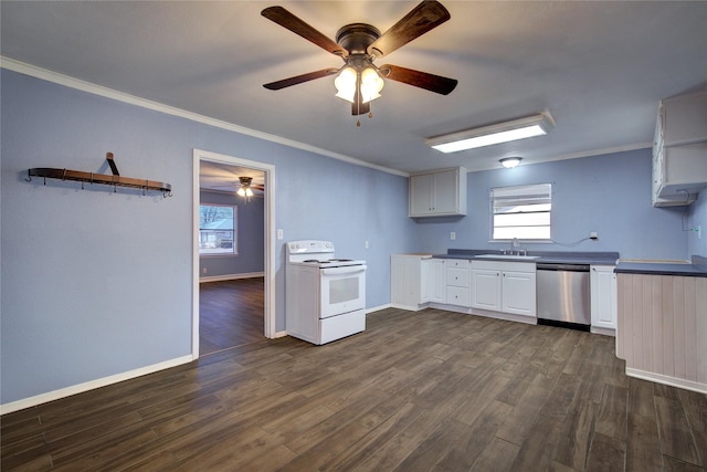 kitchen featuring white electric stove, white cabinets, dark wood-type flooring, stainless steel dishwasher, and a sink