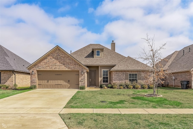 view of front of home featuring brick siding, roof with shingles, concrete driveway, a garage, and a front lawn