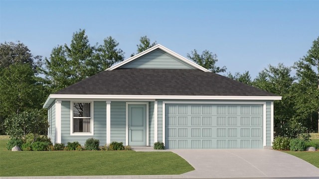 ranch-style house with a garage, driveway, a shingled roof, and a front lawn