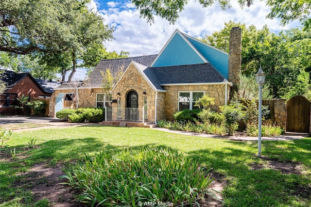 tudor-style house featuring a chimney, a front yard, and a gate