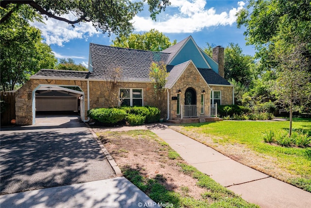 view of front of home featuring aphalt driveway, a chimney, a front yard, a carport, and stone siding