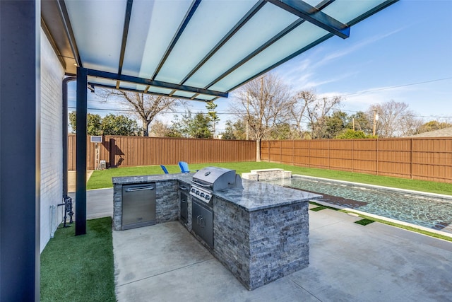 view of patio / terrace with a fenced backyard, an outdoor kitchen, and a grill