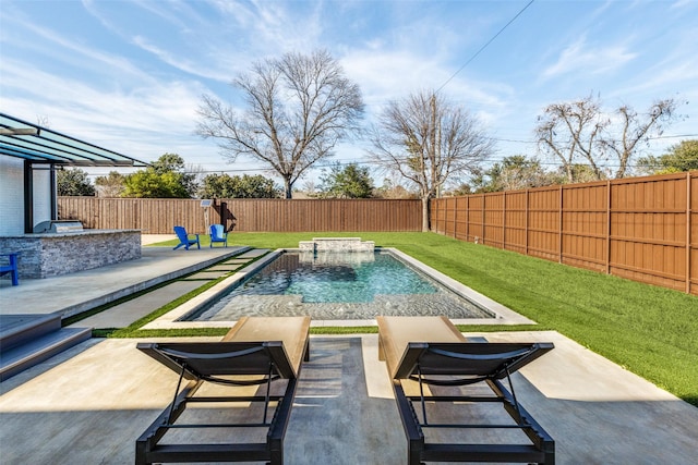 view of swimming pool with a fenced in pool, a patio area, and a fenced backyard