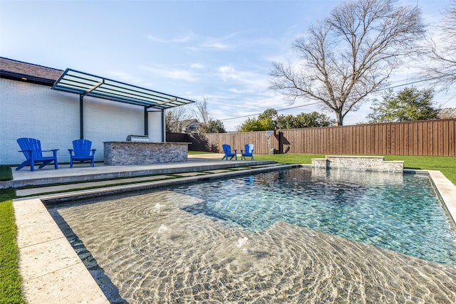 view of swimming pool with a patio, a fenced backyard, and a fenced in pool