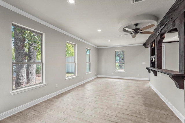 unfurnished living room featuring crown molding, recessed lighting, light wood-style floors, a ceiling fan, and baseboards