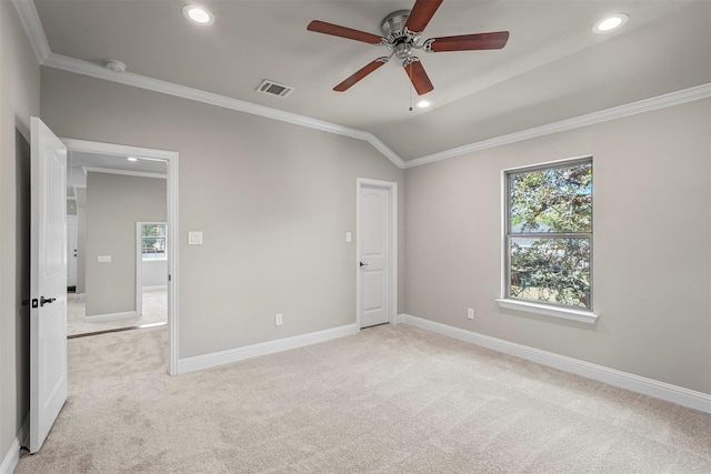 unfurnished bedroom featuring light carpet, baseboards, visible vents, ornamental molding, and recessed lighting