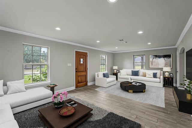 living area with arched walkways, a healthy amount of sunlight, light wood-style flooring, and baseboards