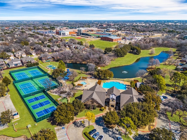 aerial view with a water view and a residential view