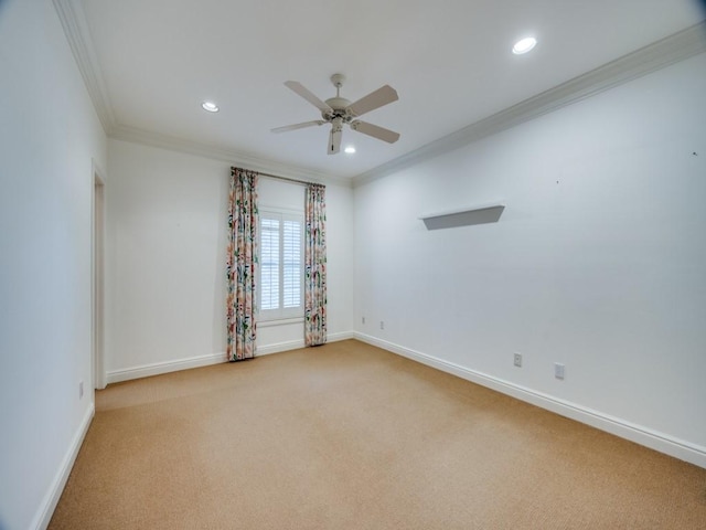 unfurnished room with light carpet, baseboards, crown molding, and recessed lighting