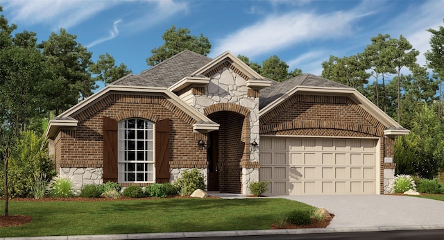 view of front of property featuring an attached garage, brick siding, stone siding, concrete driveway, and a front lawn