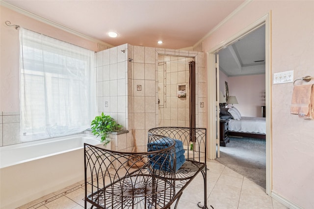 dining space with light carpet, light tile patterned floors, and ornamental molding