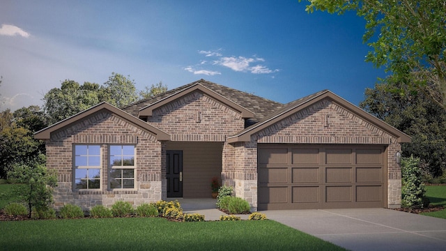 view of front facade with a garage, concrete driveway, brick siding, and stone siding