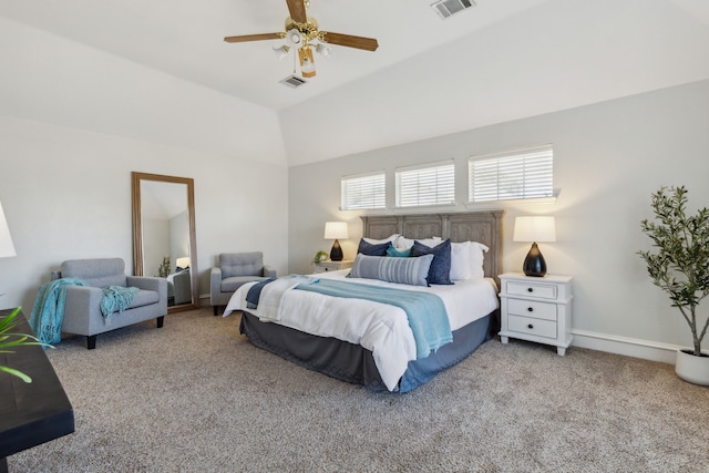 bedroom featuring light carpet, vaulted ceiling, visible vents, and baseboards