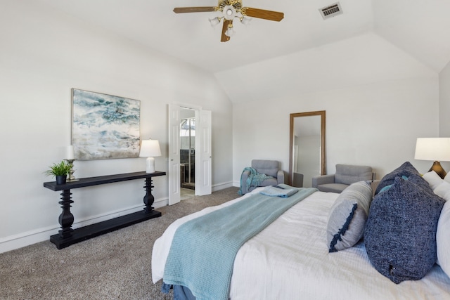 carpeted bedroom with a ceiling fan, visible vents, vaulted ceiling, and baseboards