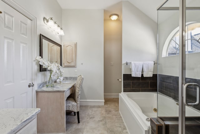 full bath featuring baseboards, a shower with shower door, tile patterned floors, vanity, and a bath