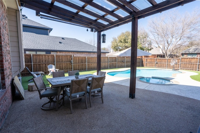 view of swimming pool featuring a fenced backyard, a fenced in pool, a pergola, outdoor dining space, and a patio area