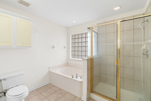 bathroom with toilet, visible vents, a shower stall, a bath, and tile patterned floors