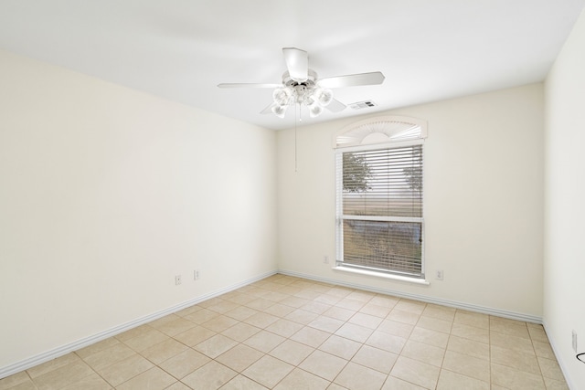 empty room featuring visible vents, ceiling fan, and baseboards