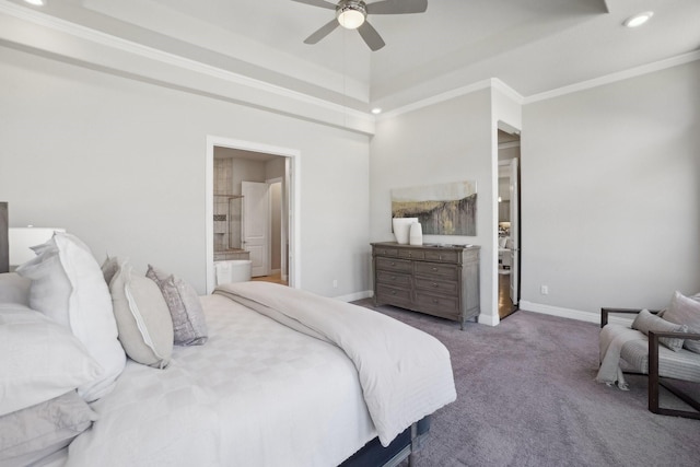 bedroom with ornamental molding, light carpet, baseboards, and ensuite bathroom