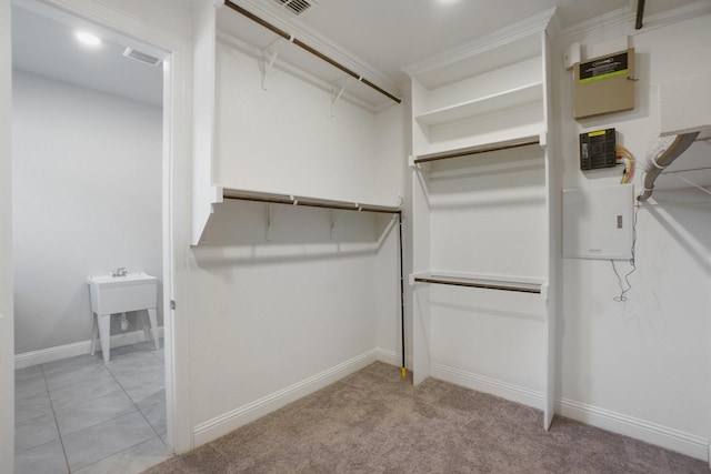 spacious closet featuring light colored carpet and visible vents