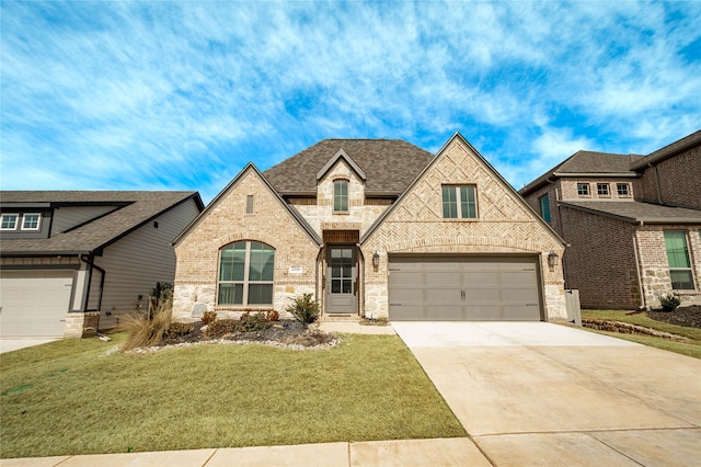 view of front facade with a garage, brick siding, a shingled roof, driveway, and a front lawn