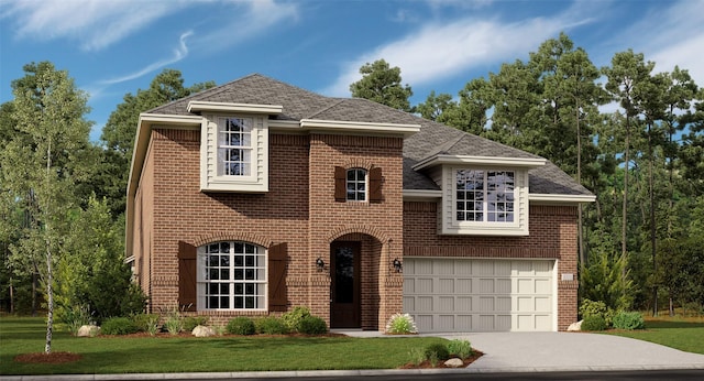 view of front facade with concrete driveway, brick siding, and a front lawn